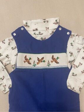 Velani Blue Corduroy John John with smocked Duck Design with matching top